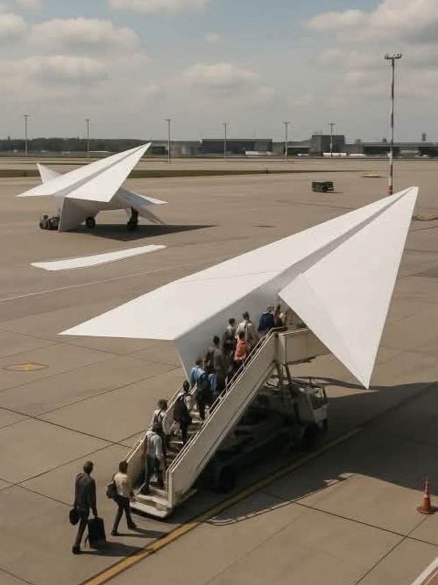 Avião de papel gigante com escada de embarque encostada, numa pista de aeroporto