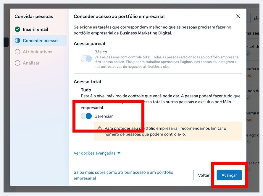 Tela de conceder acesso ao portfólio empresarial com a chave Gerenciar ligada dentro de Acesso total
