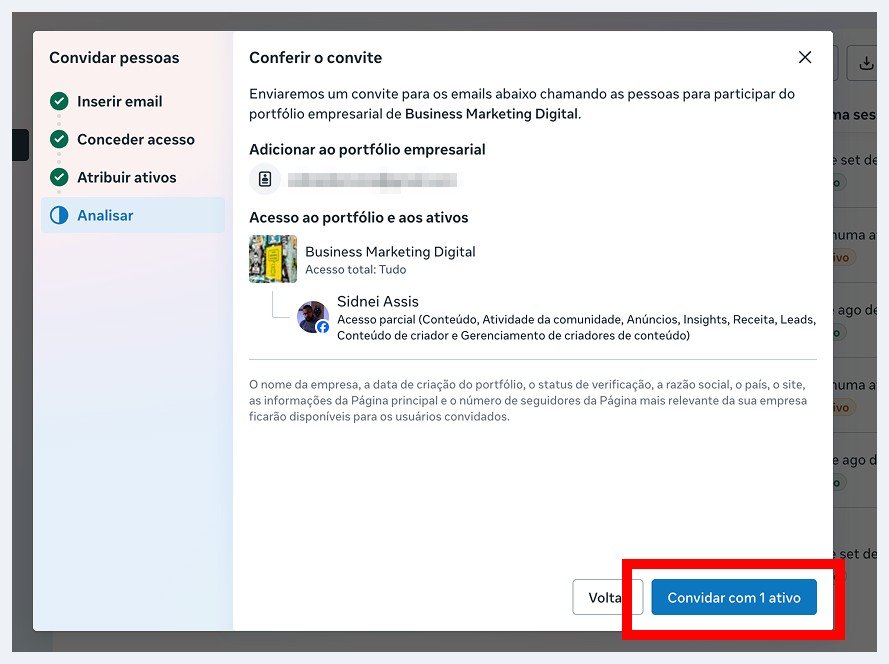 Tela de conferência do convite com o resumo dos acessos e o botão Convidar com 1 ativo destacado